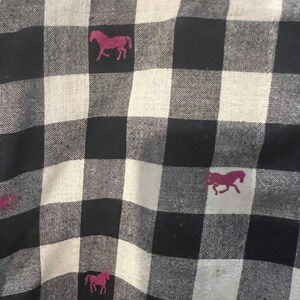 Hayley black white checkered shirt with pink horse print all over size Large